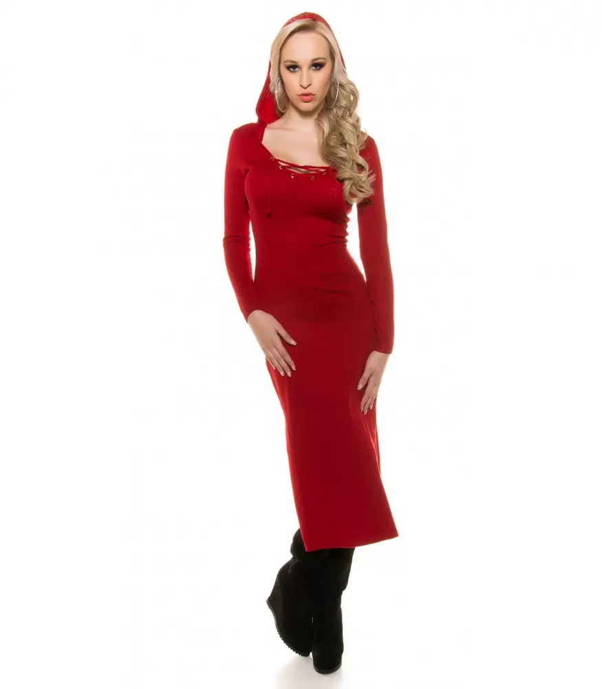 Koucla red lace-trimmed long knitted hoodie dress