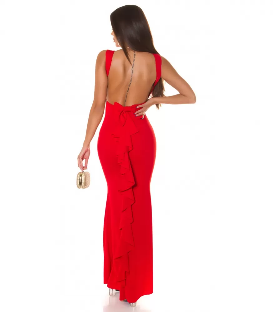 Koucla red long party dress with bow tie ruffle