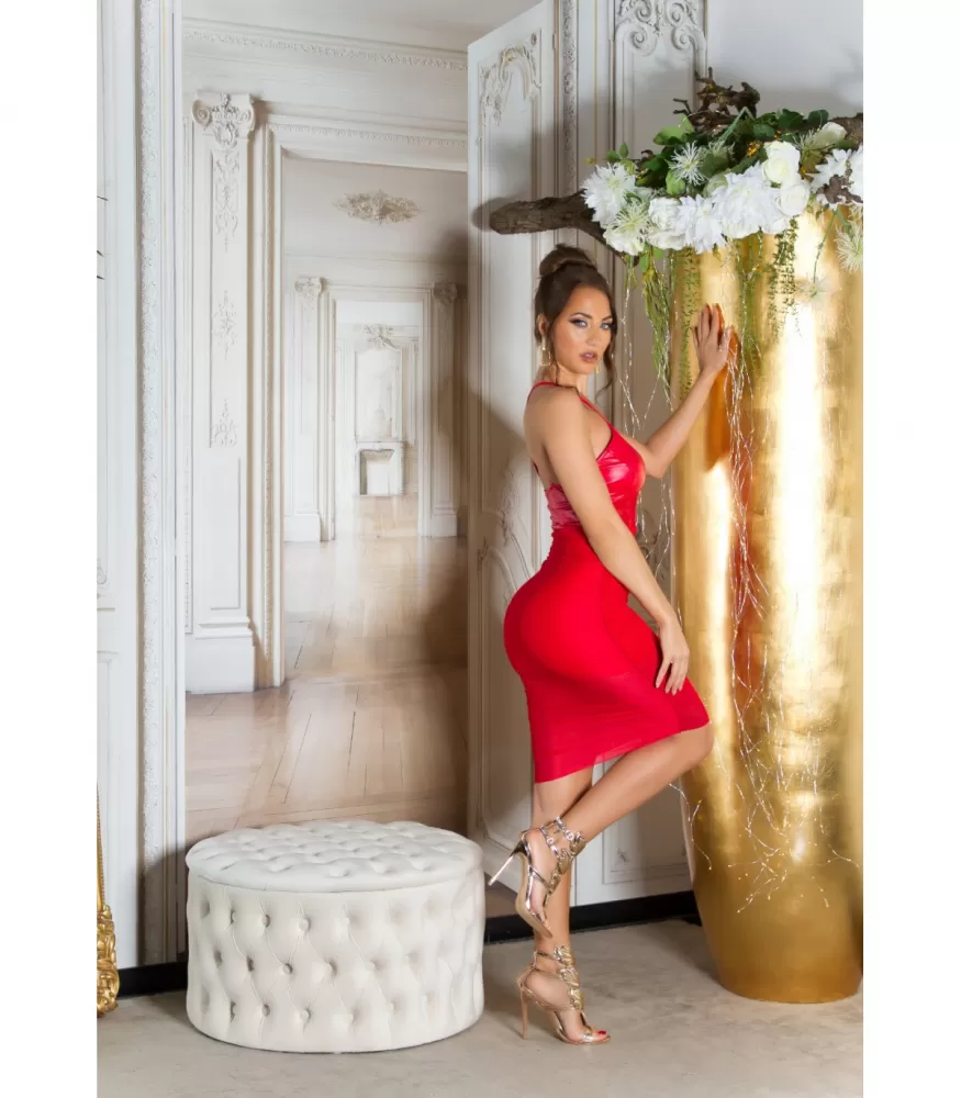Koucla red meshfaux leather v-midi dress | HerSecret.fi