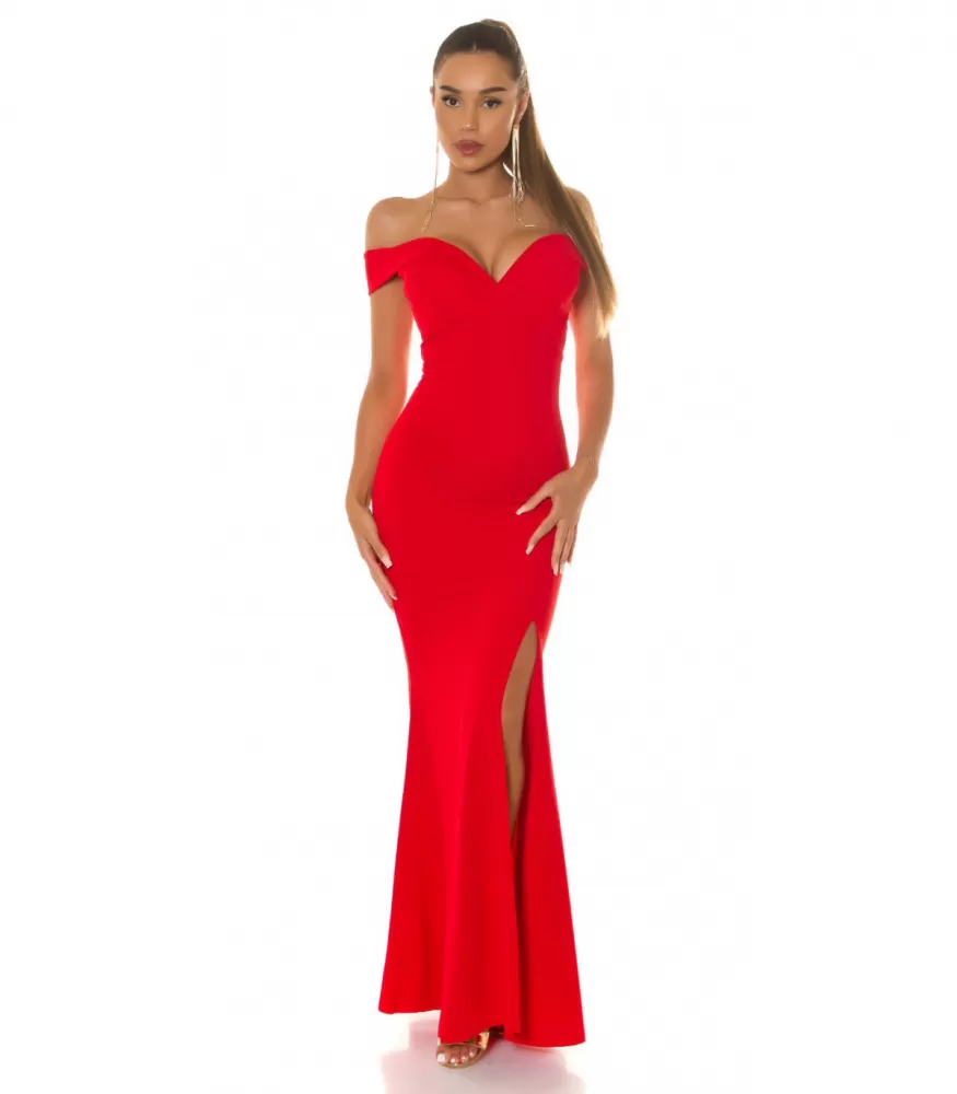 Koucla red off-shoulder long party dress with a slit