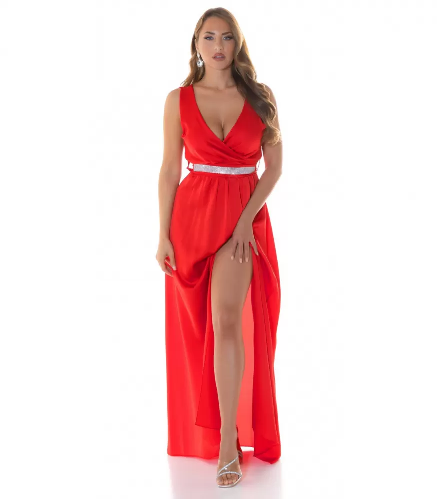 Koucla red v-satin maxi dress with slit and rhinestone belt