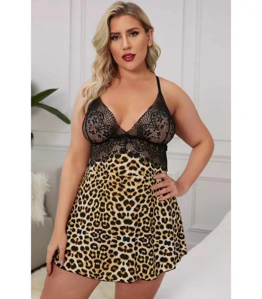 Leo pattern lace-ornamented babydoll (plus size)