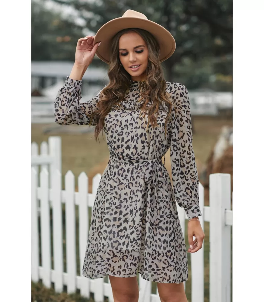 Leopard print chiffon dress with belt