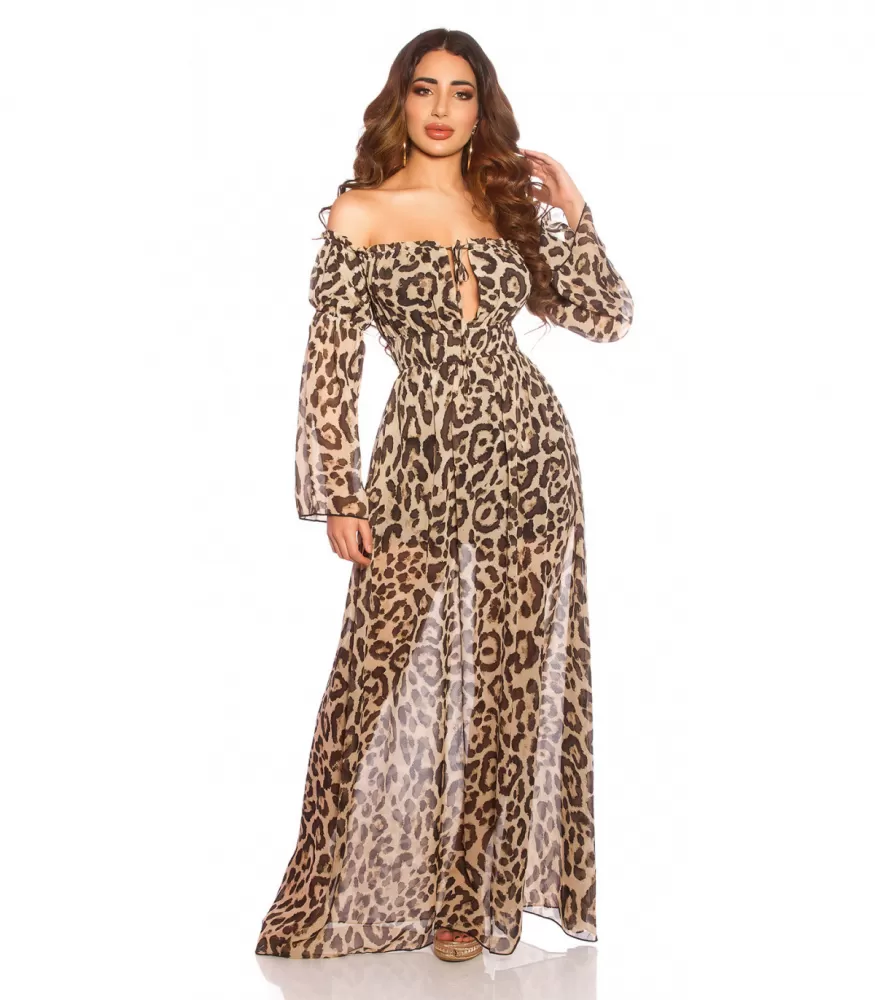 Leopard print long sleeve off-shoulder mesh maxi dress