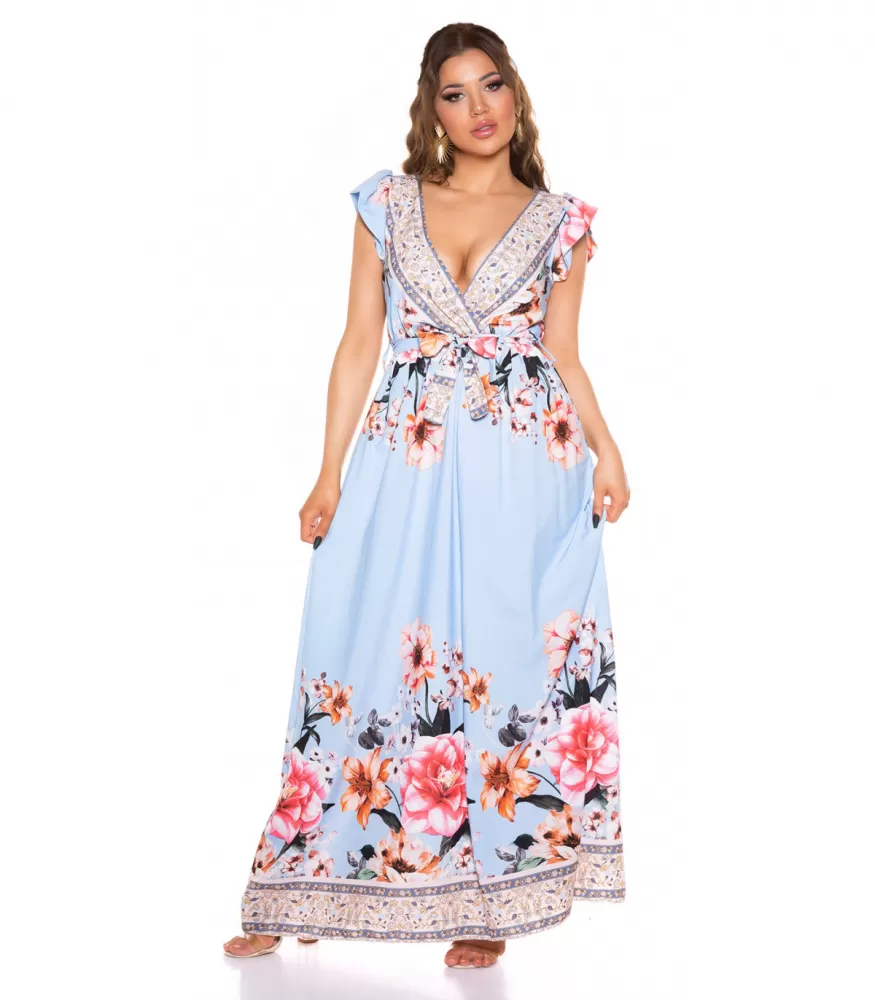 Light blue floral pattern with belt maxi dress