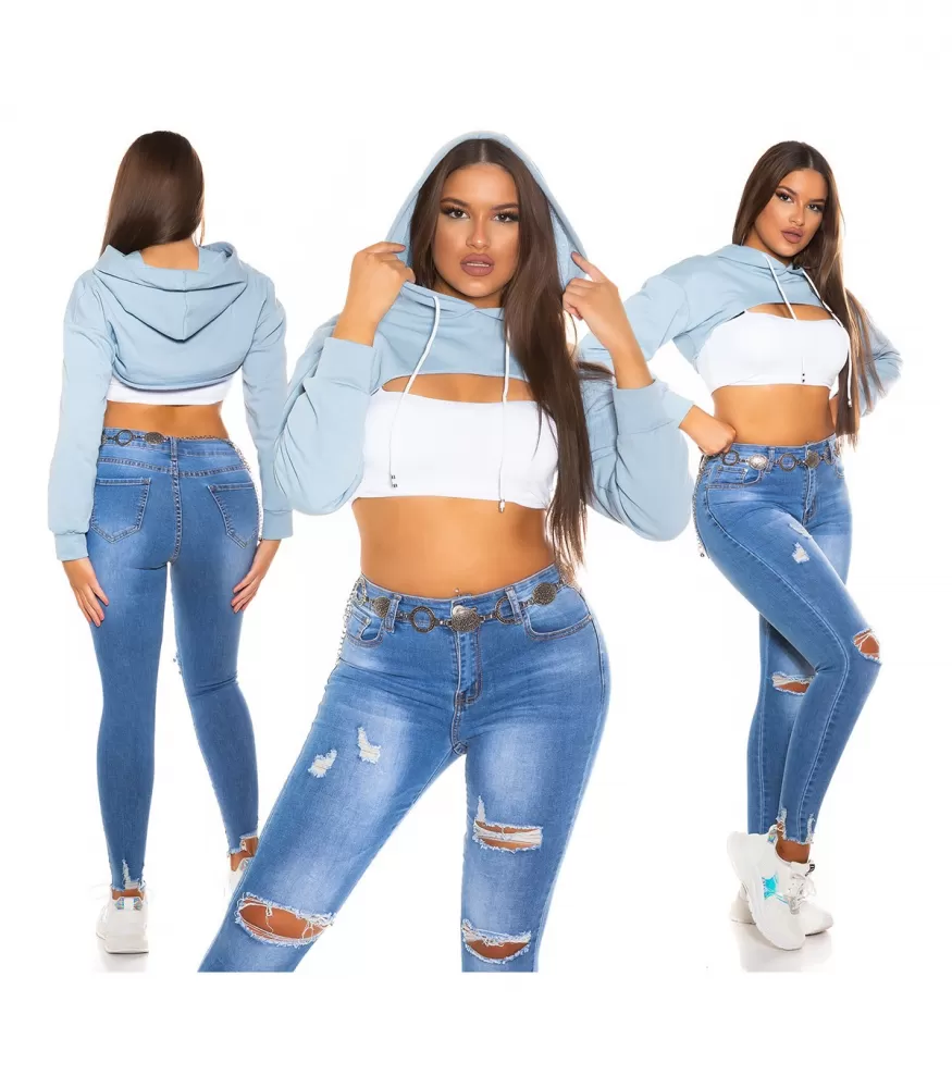 Light blue super short long sleeve hoodie