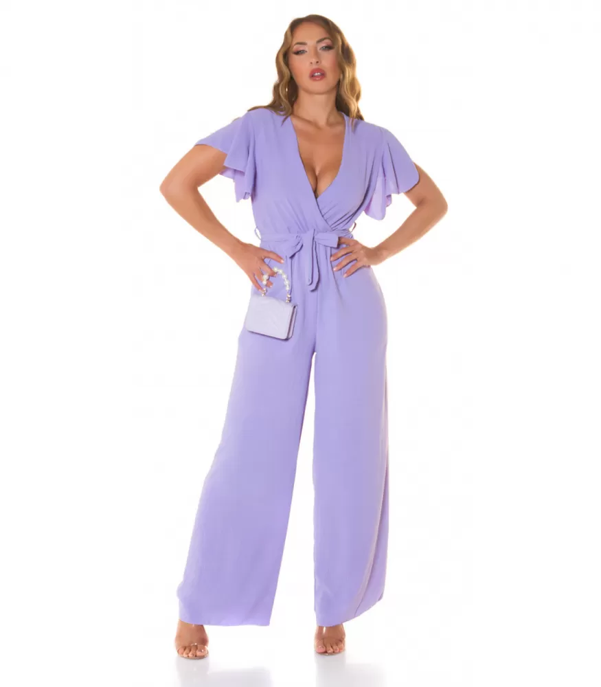 Lilac short-sleeved wide-leg v-jumpsuit with belt