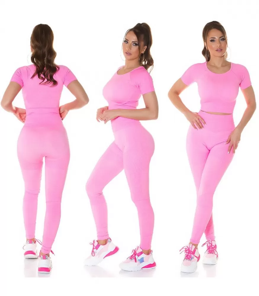 Neon pink form-shaping short-sleeved workout shirt + tights