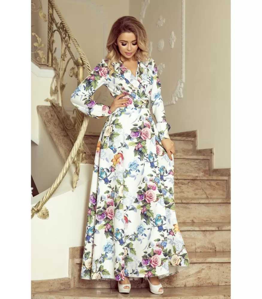 Numoco white long-sleeved rose and bird patterned maxi dress [LAST CHANCE]