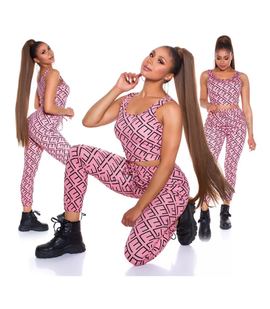Pink crop top print pattern jogger set