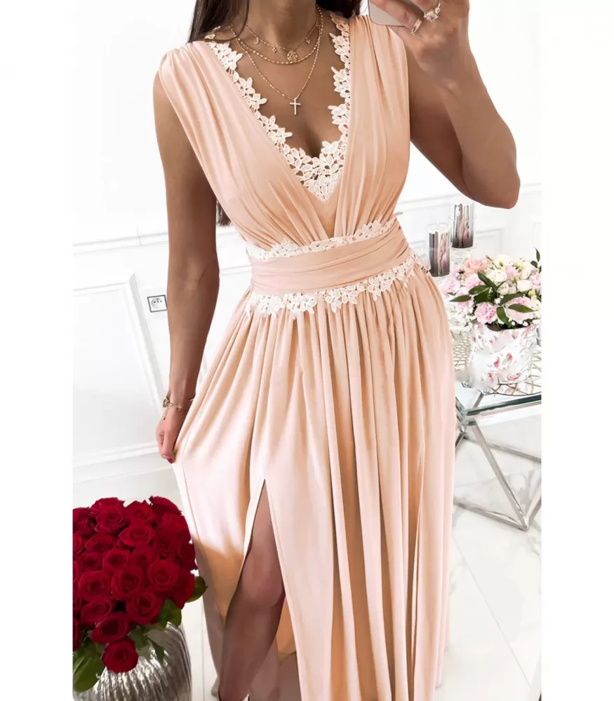 Pink decorative embroidered long v-party dress