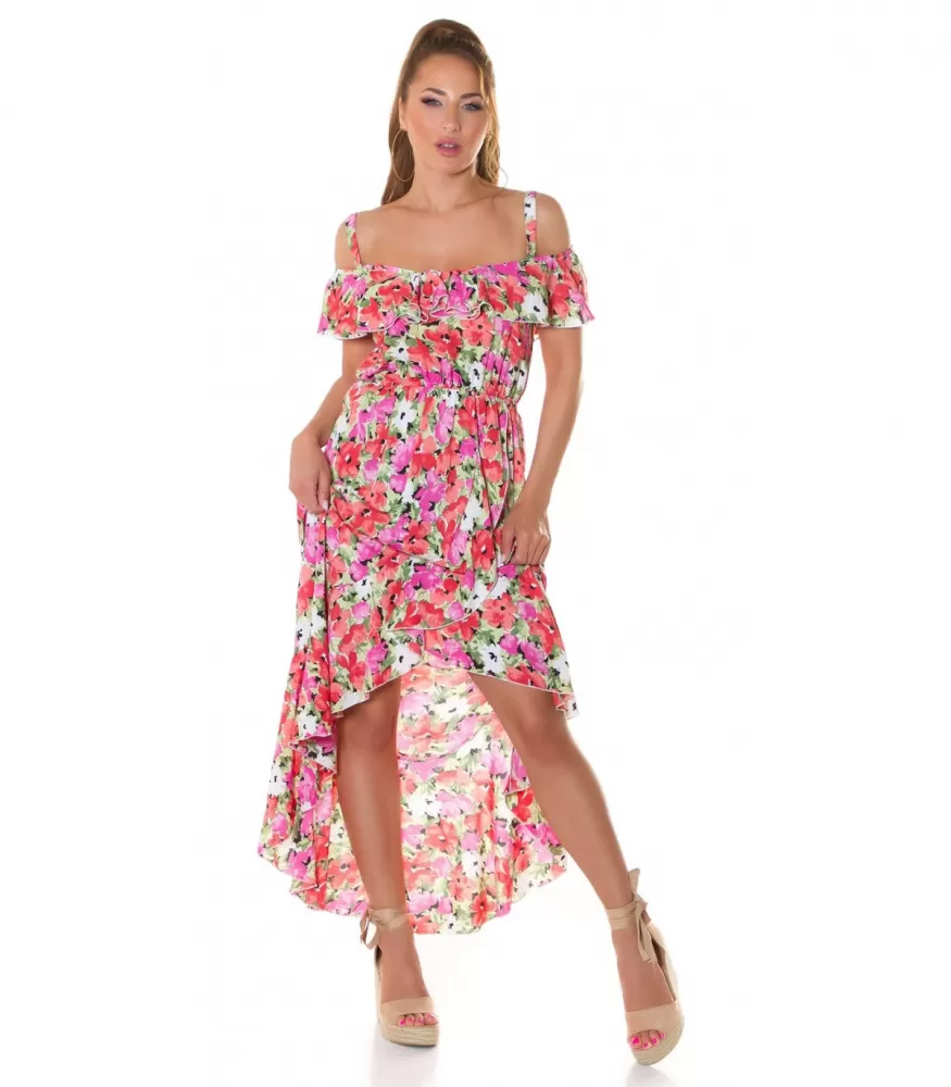 Pink floral pattern high low maxi dress with ruffles
