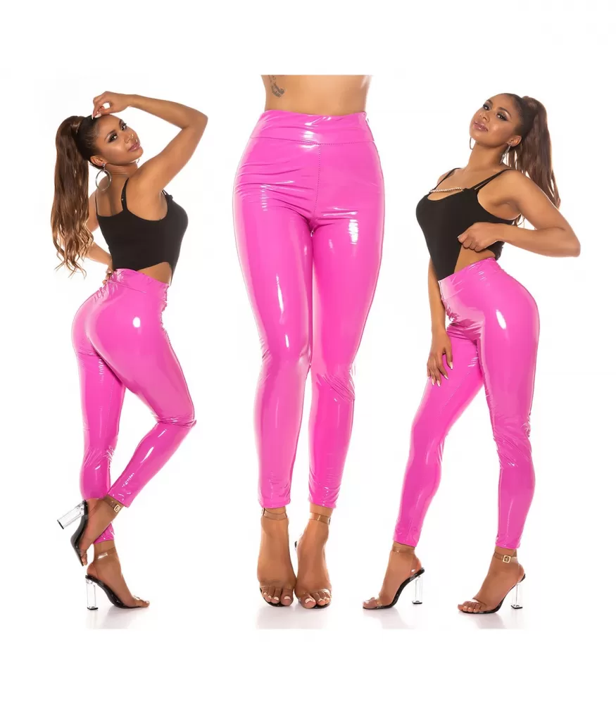 Pink high-waisted latex look pants