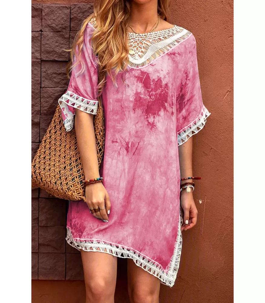 Pink knot-dyed decorative embroidered beach tunic