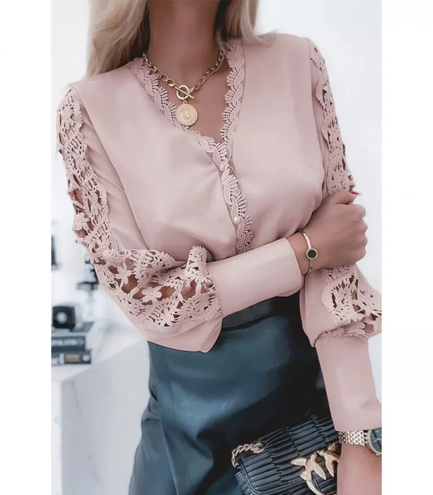 Pink lace embroidered blouse with pearl buttons
