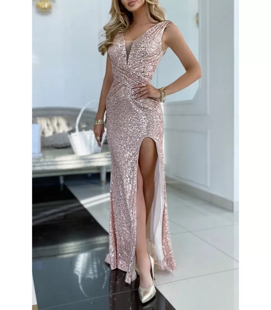 Pink long v-sequin dress with slit