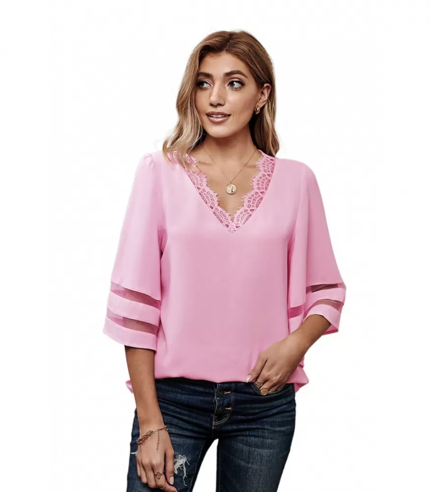 Pink mesh and lace-ornate watch sleeve blouse