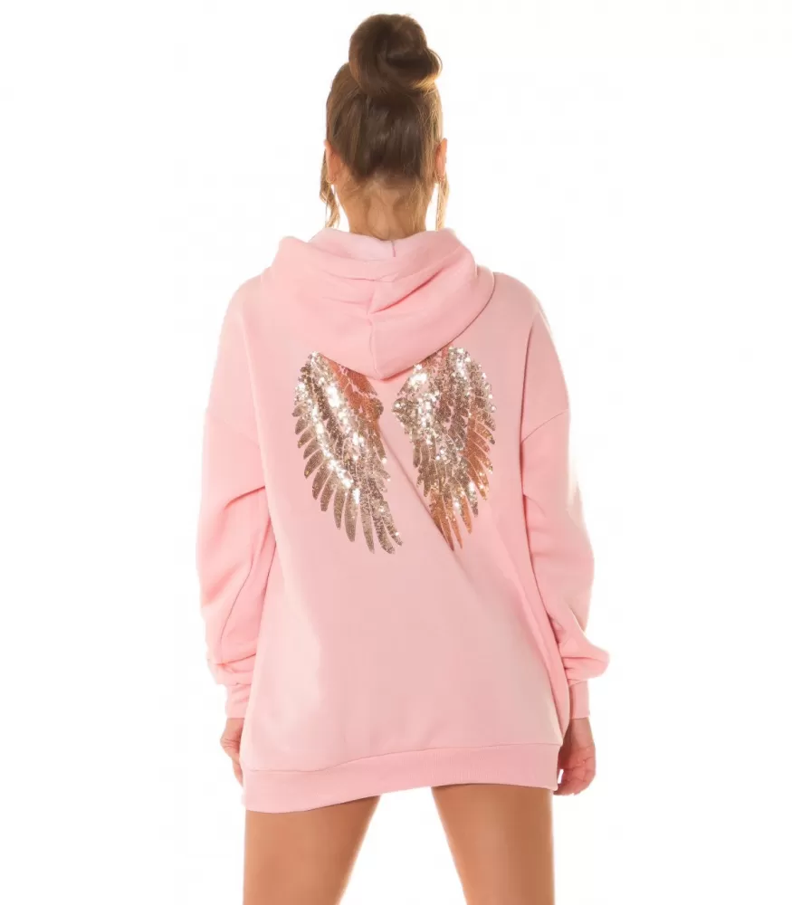 Pink oversize hoodie with sequin wings