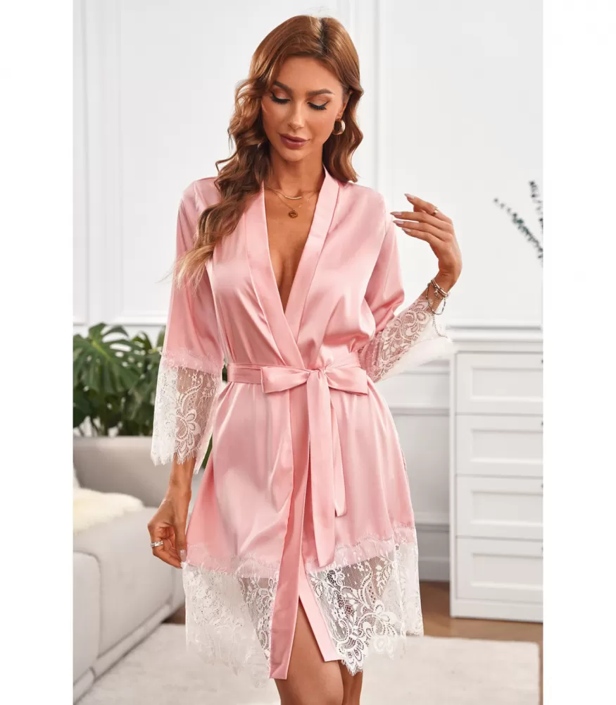 Pink satin morning coat with lace