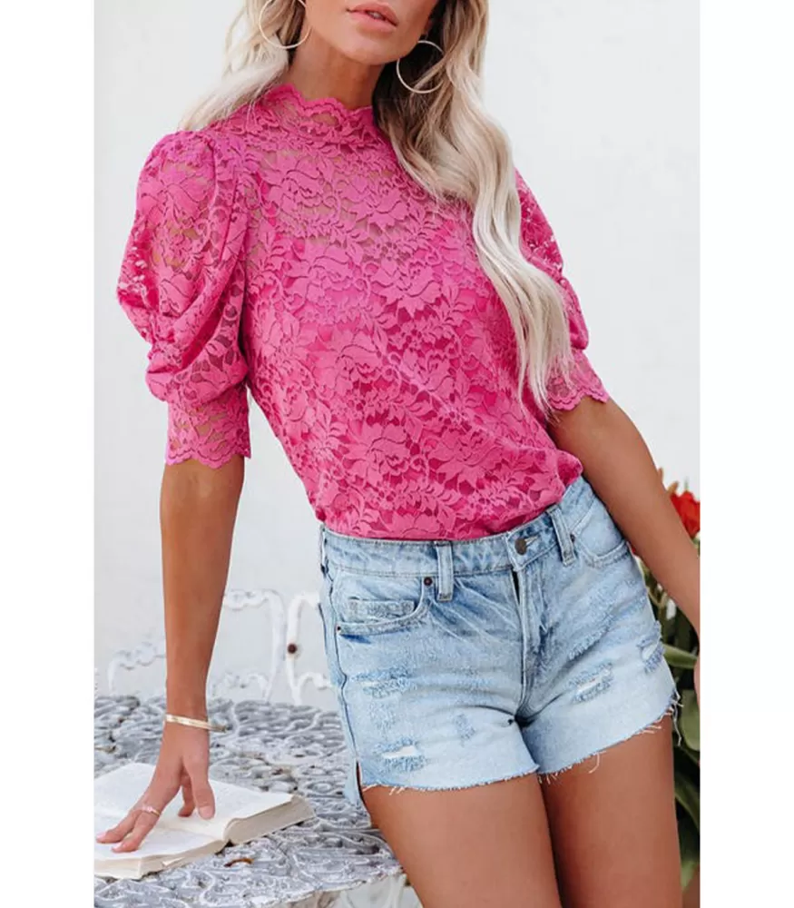 Pink short-sleeved lace blouse