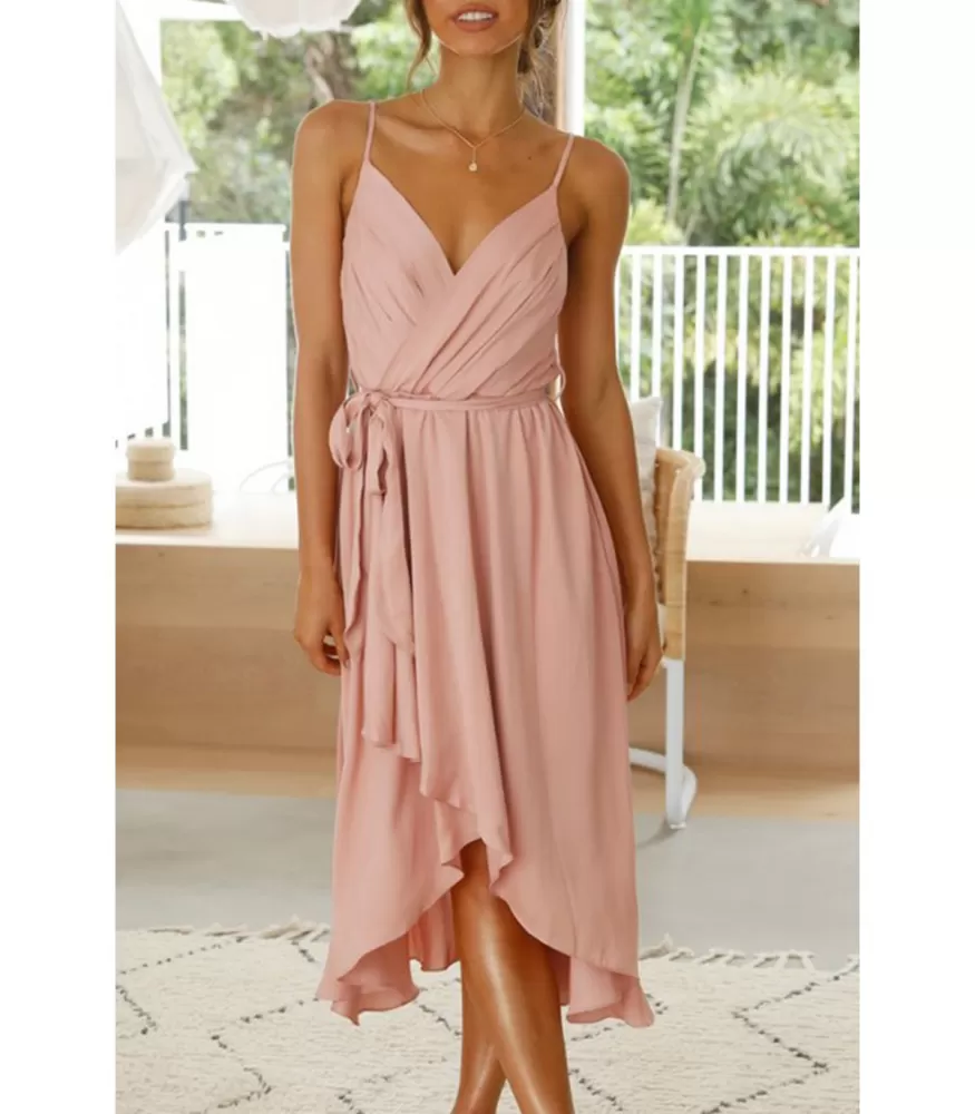 Pink wrap-look high low v dress