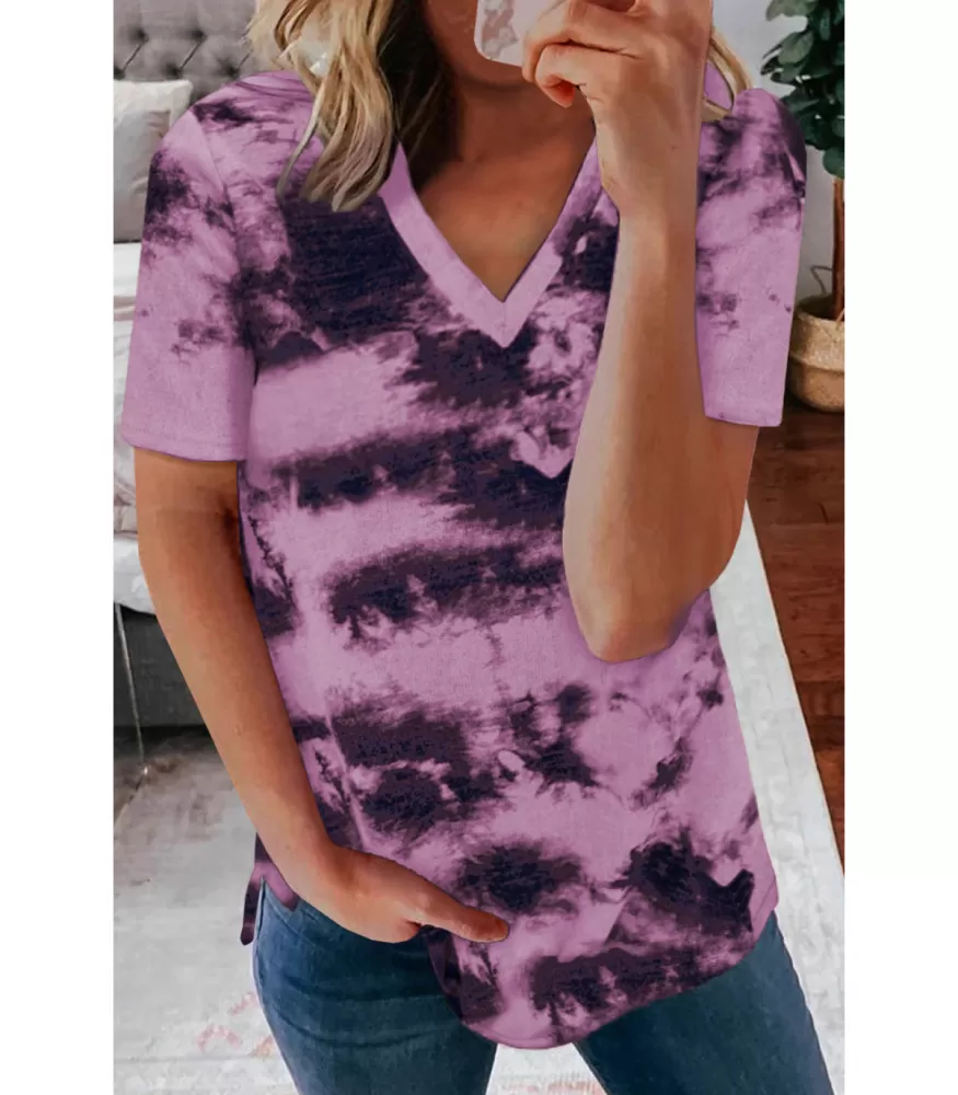 Purple knot-dyed short-sleeved v-shirt