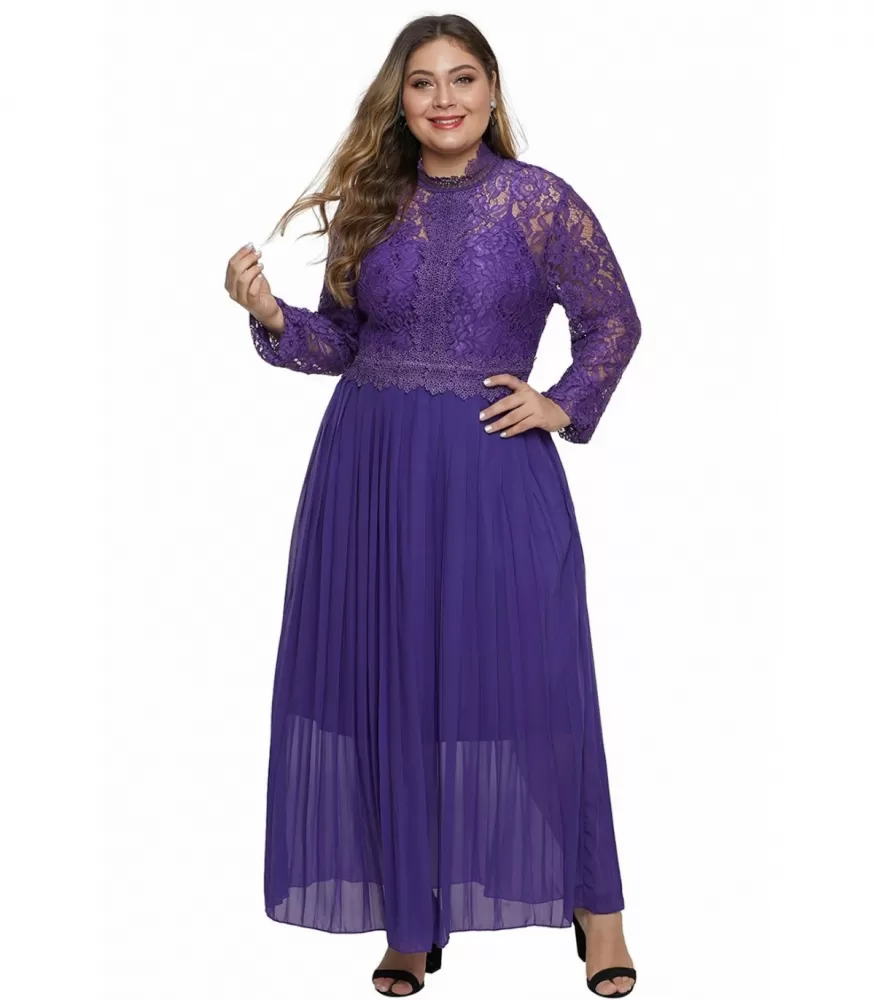 Purple long-sleeved long party dress with lace (plus size)