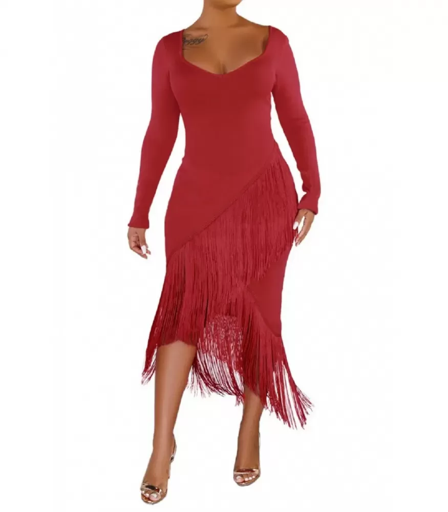 Red Long Sleeve Fringed Dress [LAST CHANCE]