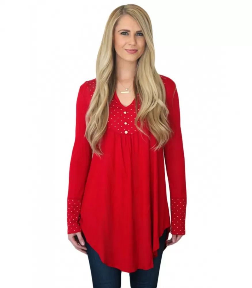 Red ball pattern button-colored tunic shirt