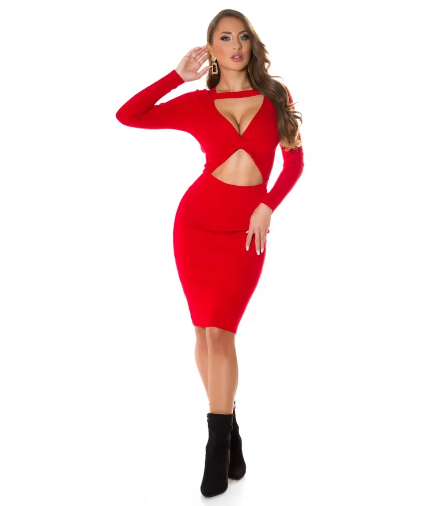Red cut-out knit dress with peek at the opening