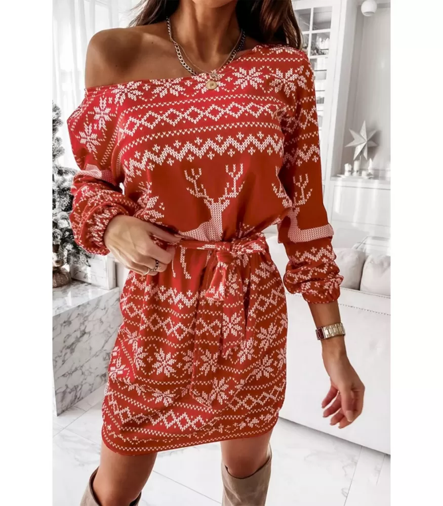 Red dress with reindeer print pattern on the belt