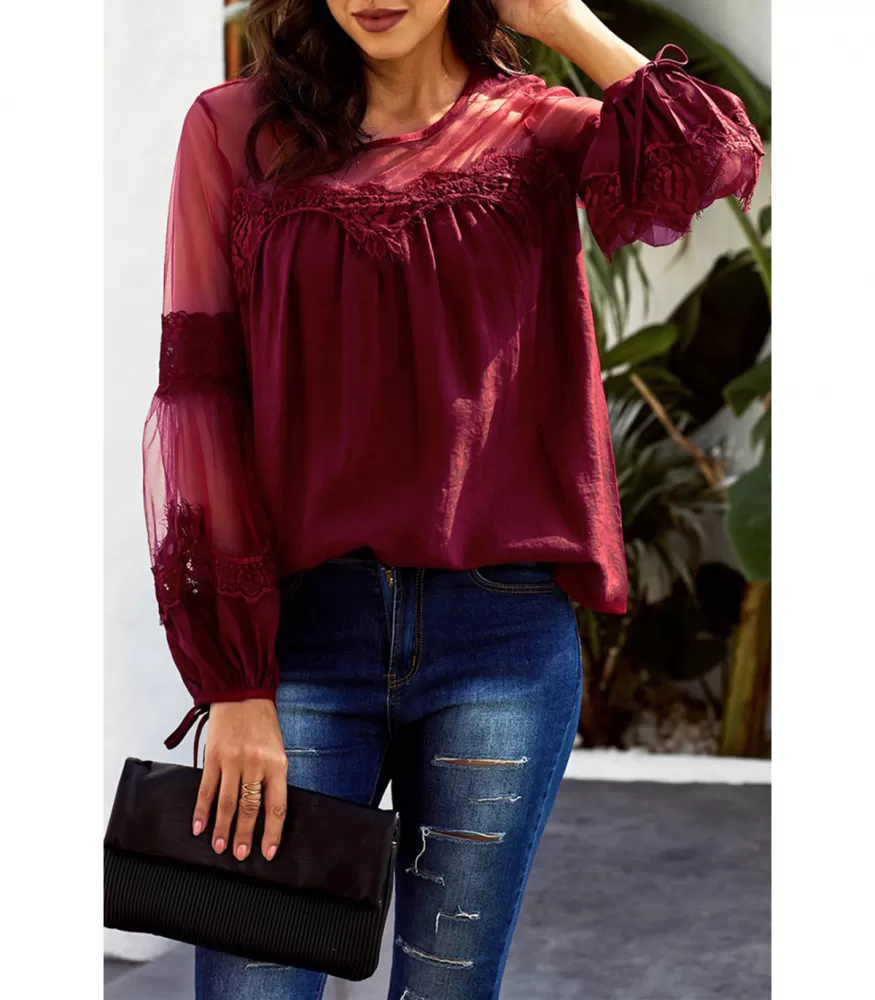 Red embroidered blouse with mesh sleeves