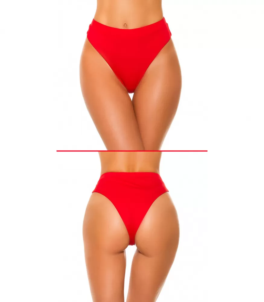 Red high-waisted Brazilian bikini bottoms