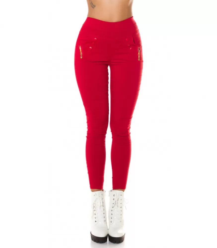 Red high-waisted treggings with pockets and ornaments