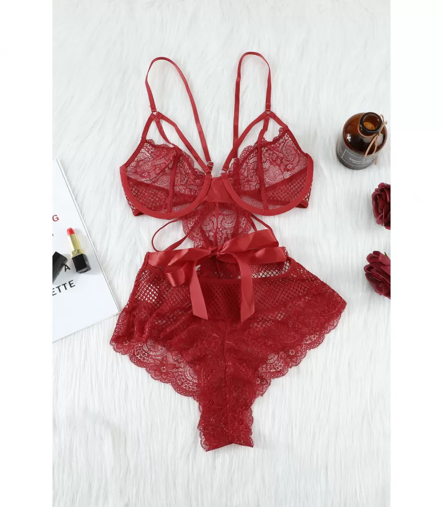 Red lace and strap-ornamented mesh teddy