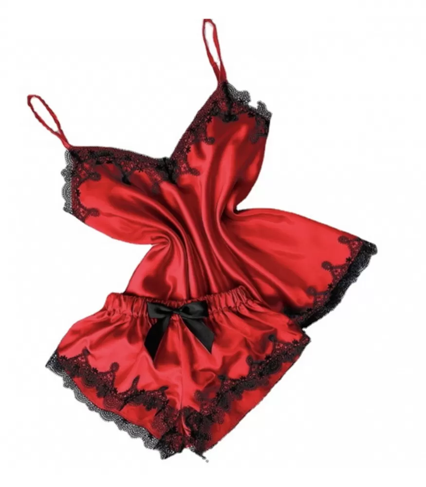 Red lace decorated silk look pajama set