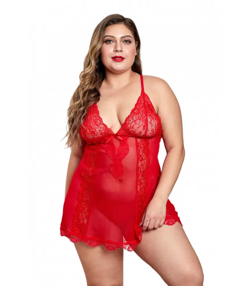 Red lace-ornamented babydoll (plus size)