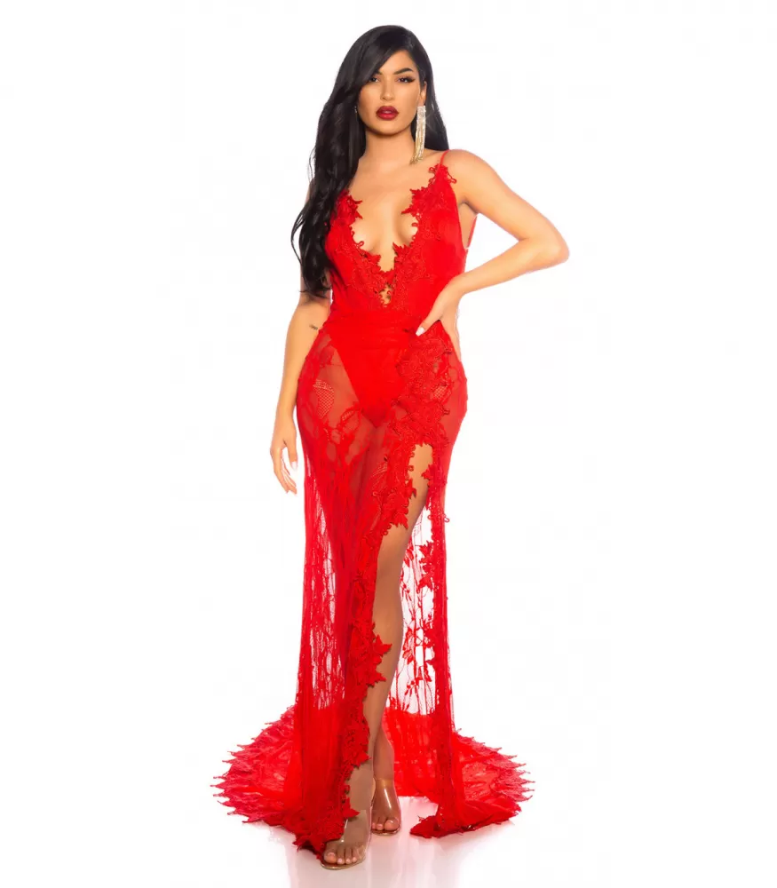 Red long lacy v-body dress
