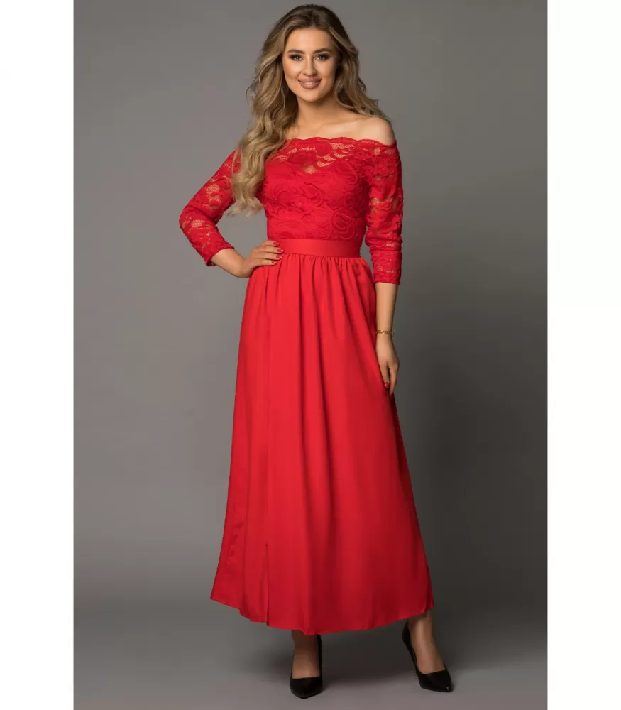 Red long party dress with lace and slit