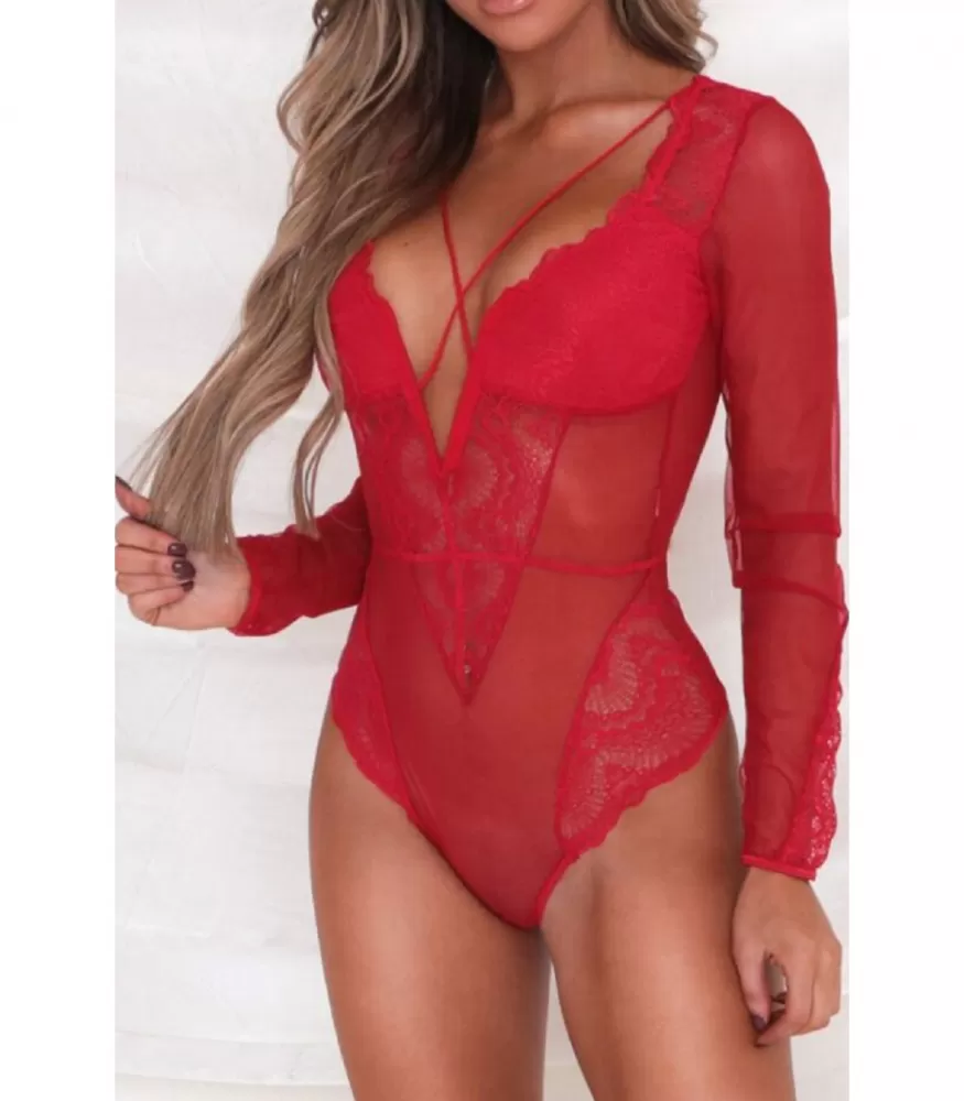 Red long-sleeved mesh bodysuit with thighs and lace
