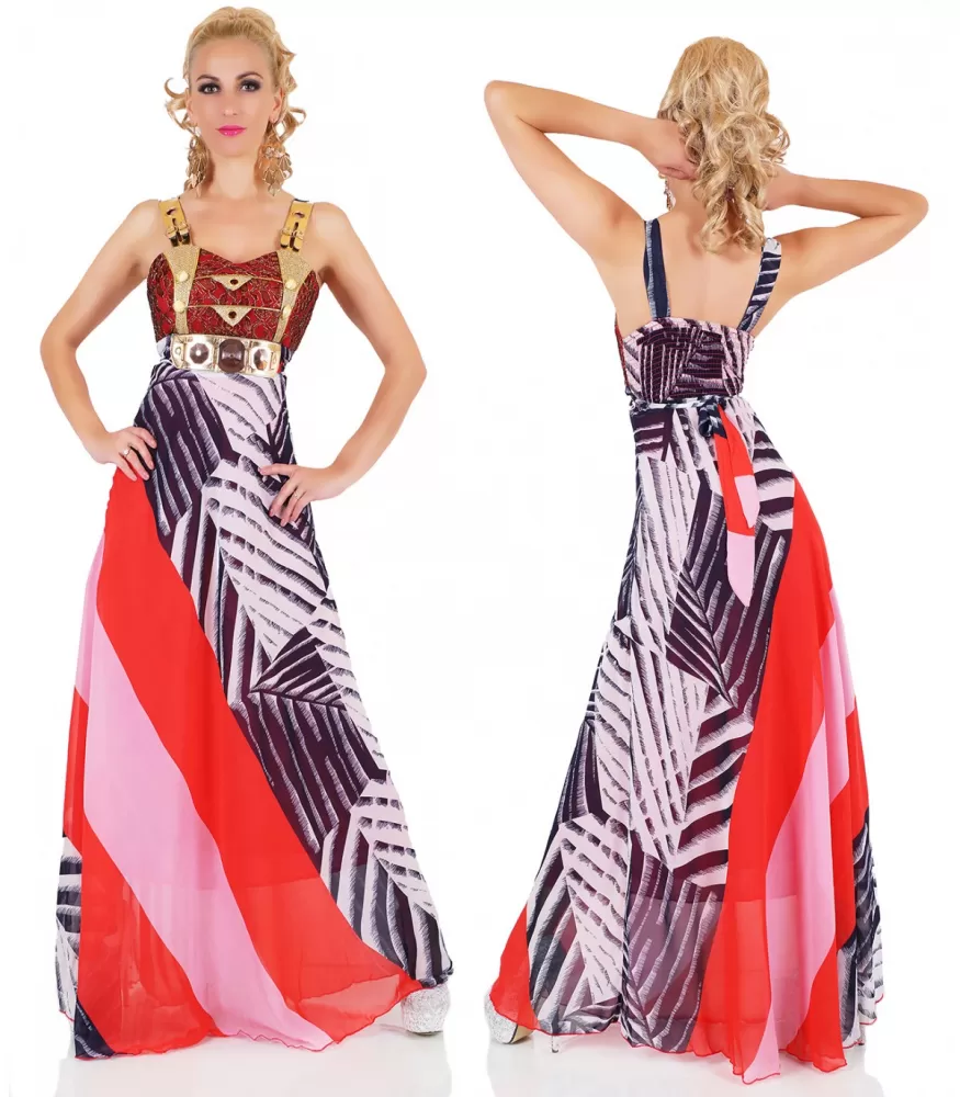 Red patterned maxi dress with ornaments