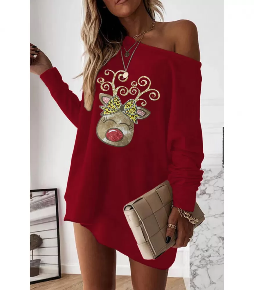 Red reindeer patterned oversize tunic dress