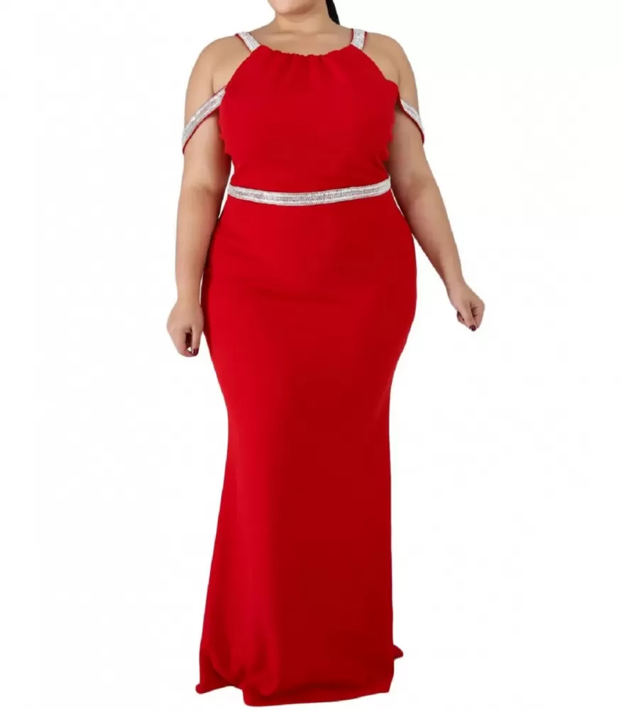 Red rhinestone tailored long party dress (plus size) [LAST CHANCE]