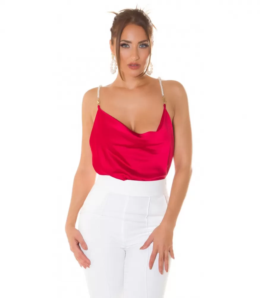 Red satin look top with beads