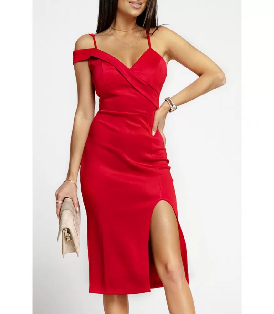Red single-sleeved v-midi dress with straps and slit