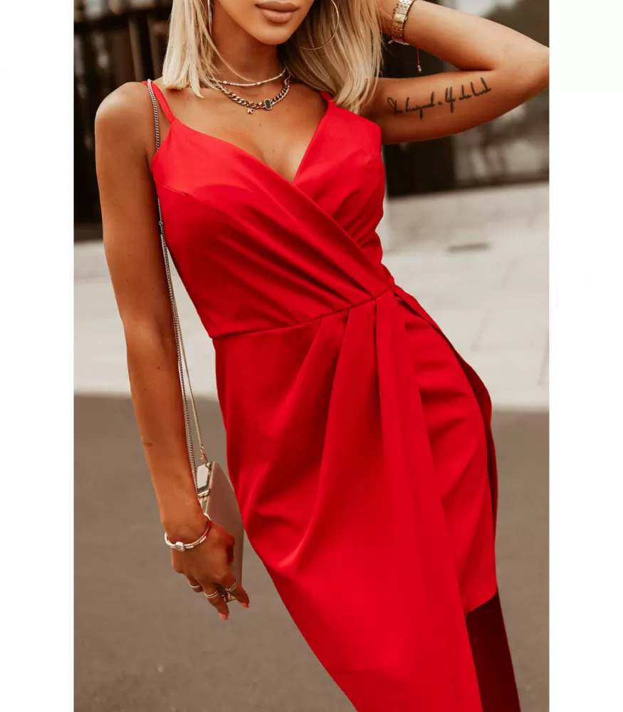 Red wrap-look v-dress with slit