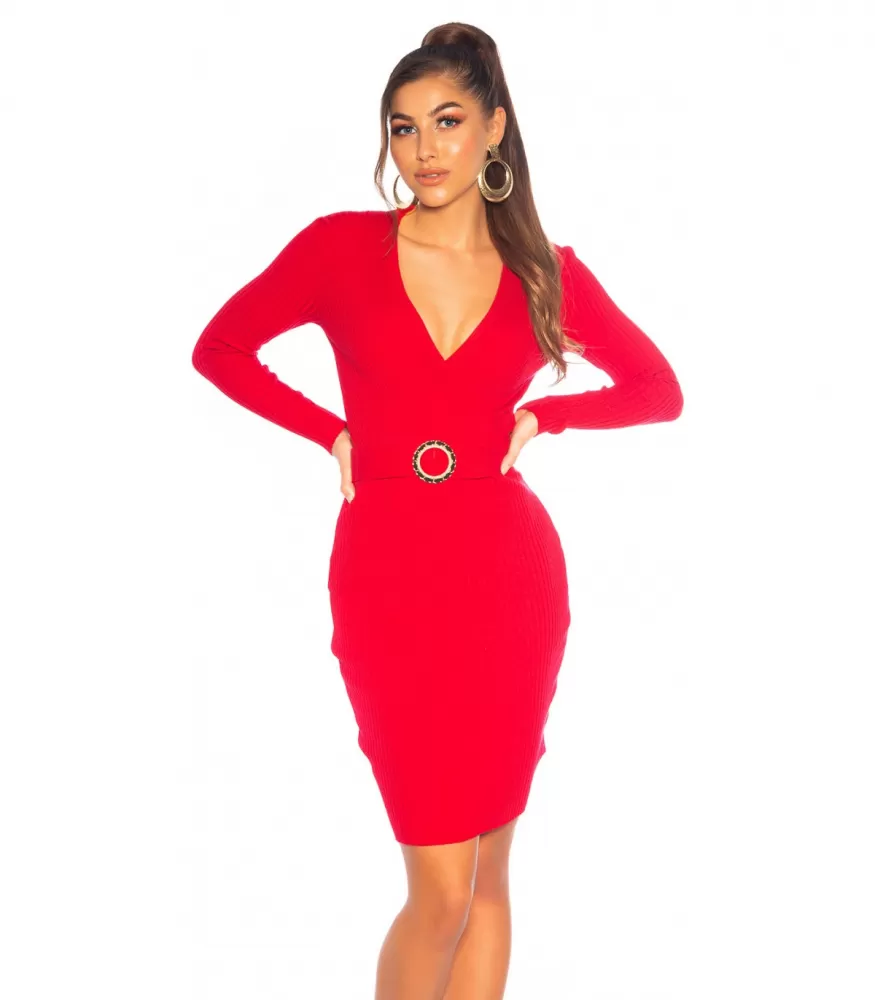 Red wrap-look v-knit dress with belt
