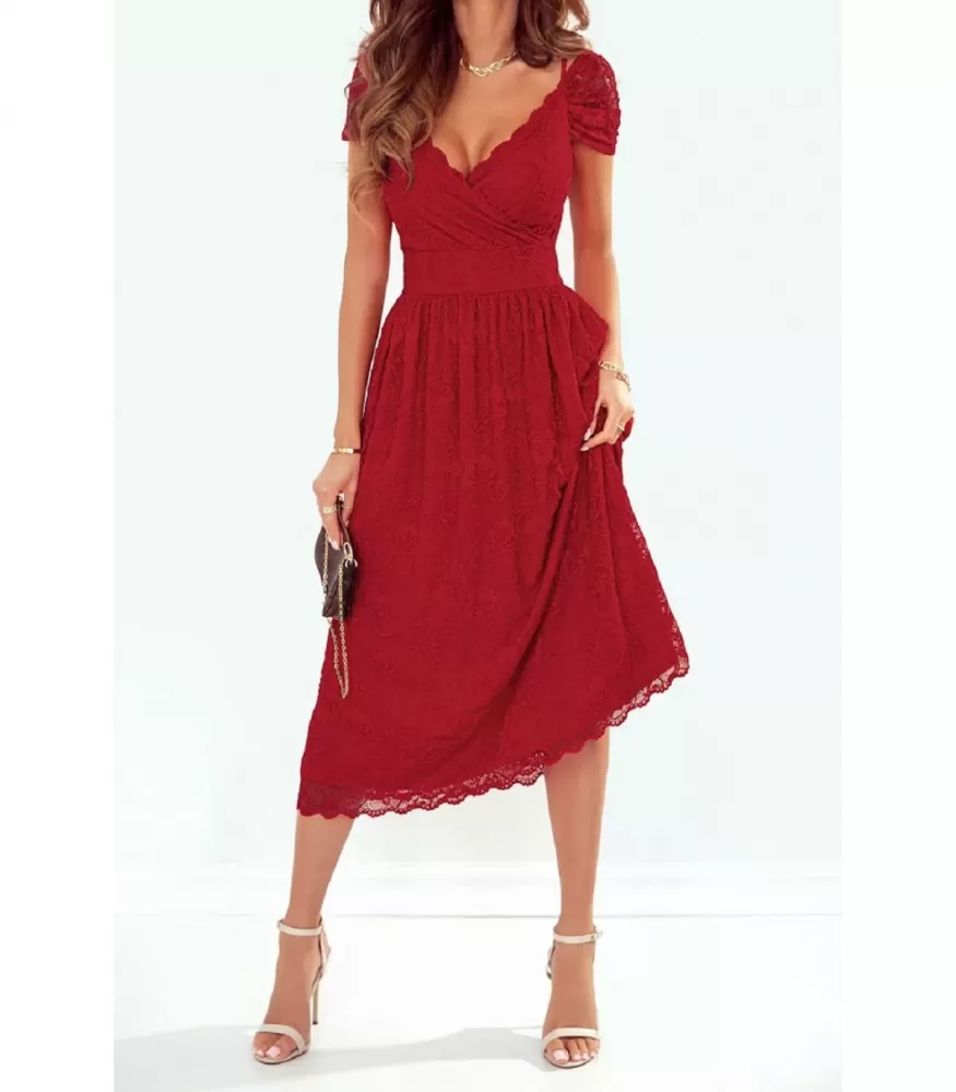 Red wrap look v-lace dress