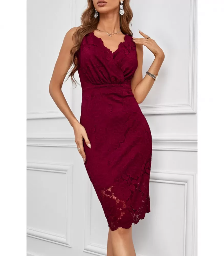 Red wrap-look v-lace dress