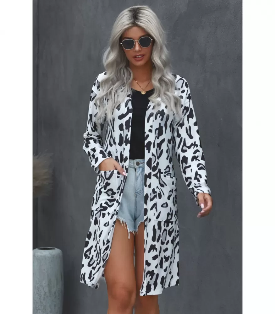 White Leo-patterned long open cardigan with pockets